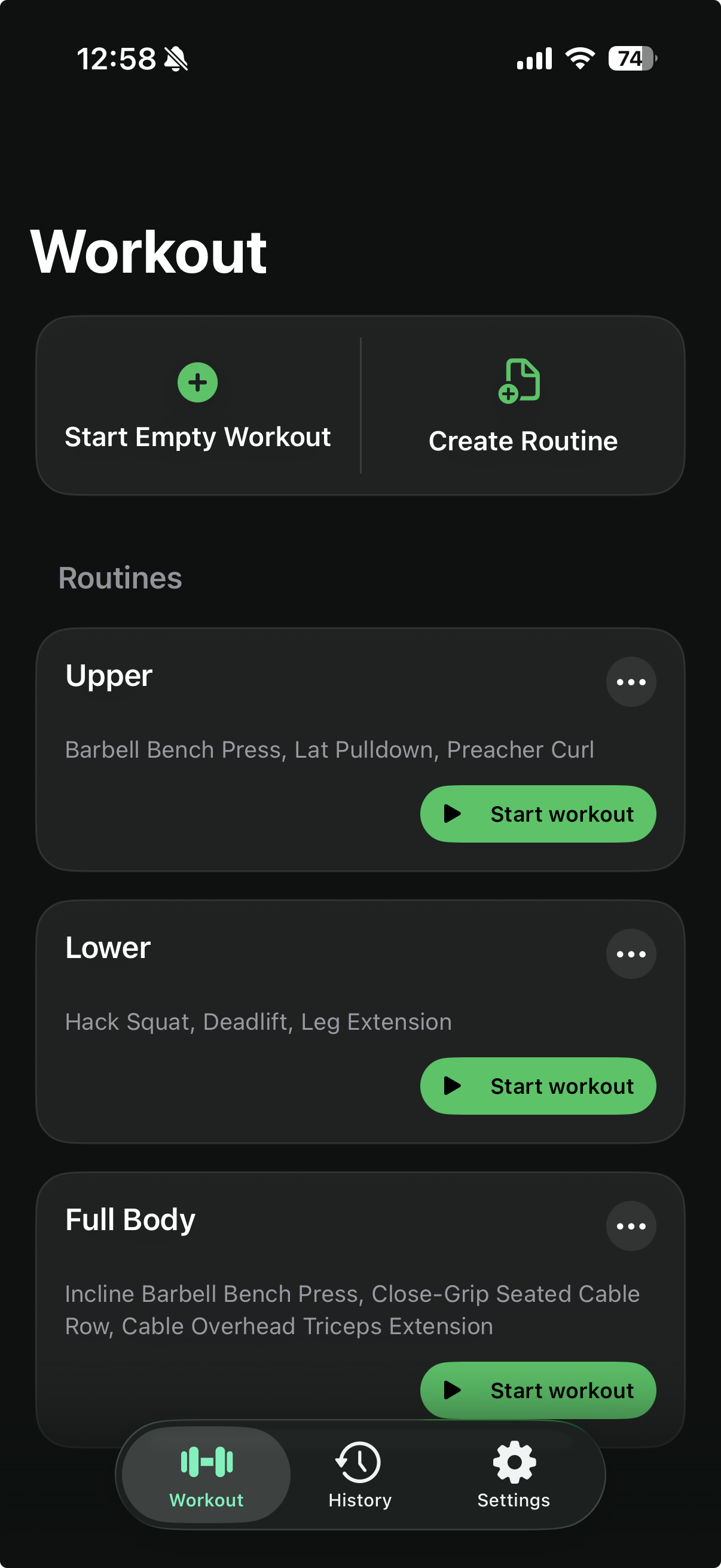LiftBook workout screen showing routines and start workout actions.