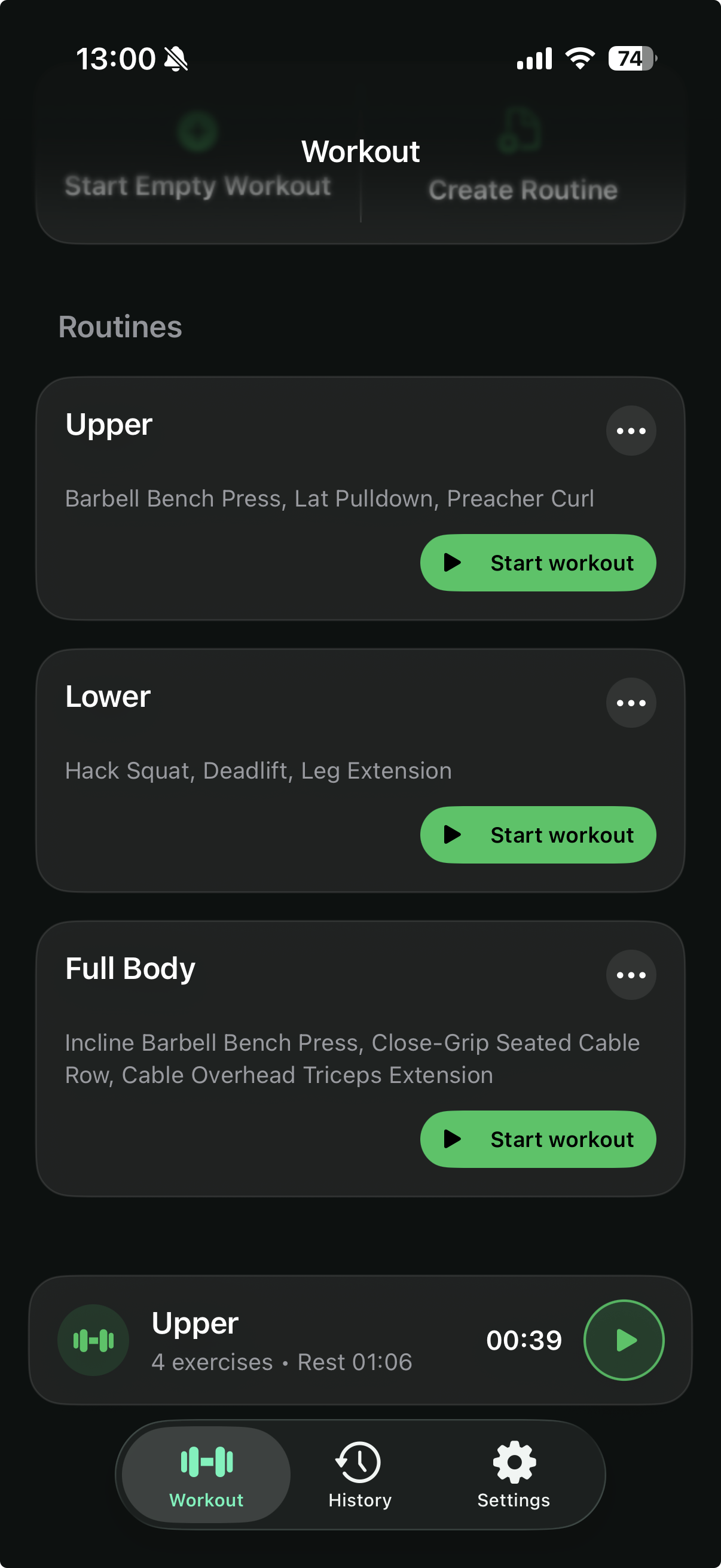 LiftBook workout screen showing an active workout resume card.