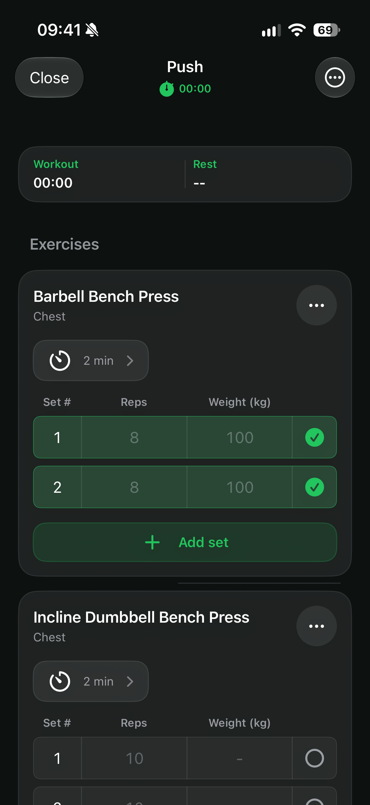 LiftBook active workout showing completed bench press sets, reps, weight, and the rest timer control.