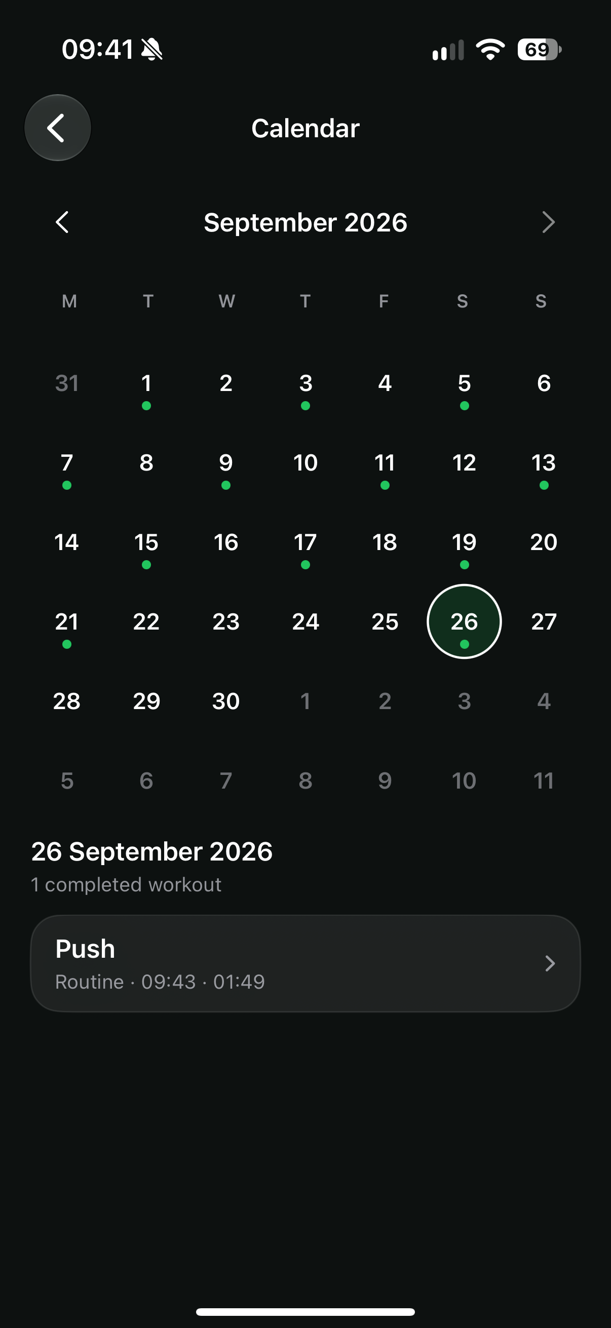 LiftBook history calendar with completed workout dates and a Push session listed for September 26, 2026.