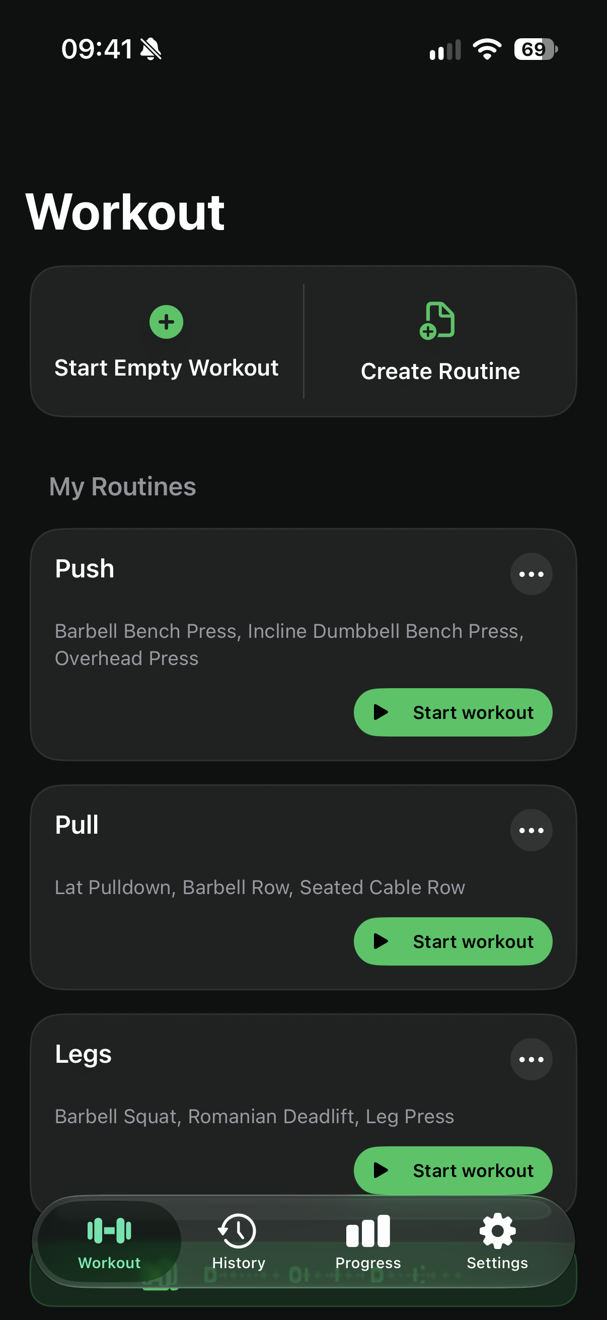 LiftBook workout screen showing saved Push, Pull, and Legs routines with start workout buttons.